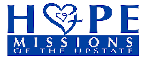 A blue and white logo for hope missions of the upstate