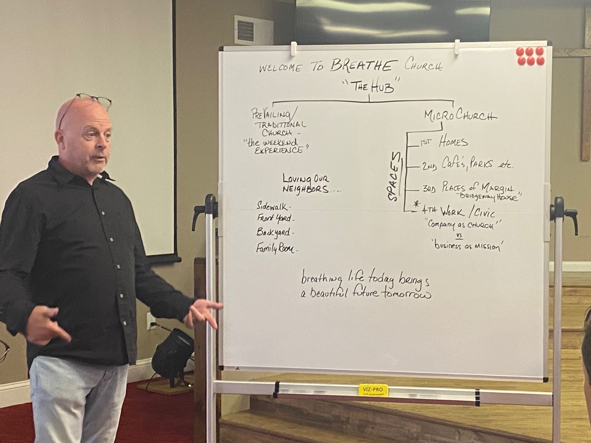 A man stands in front of a white board that says 