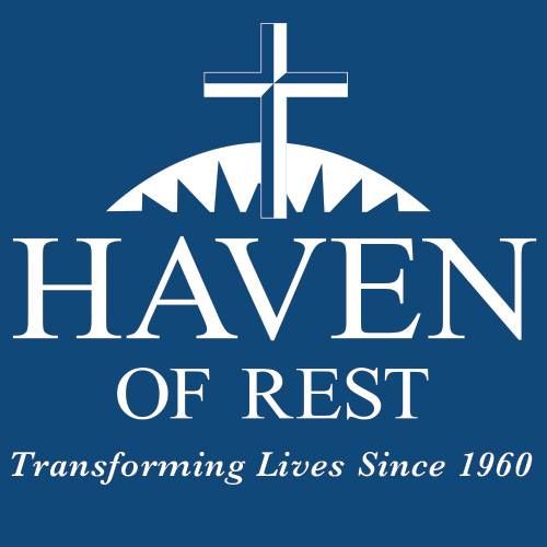 A blue logo for haven of rest transforming lives since 1960
