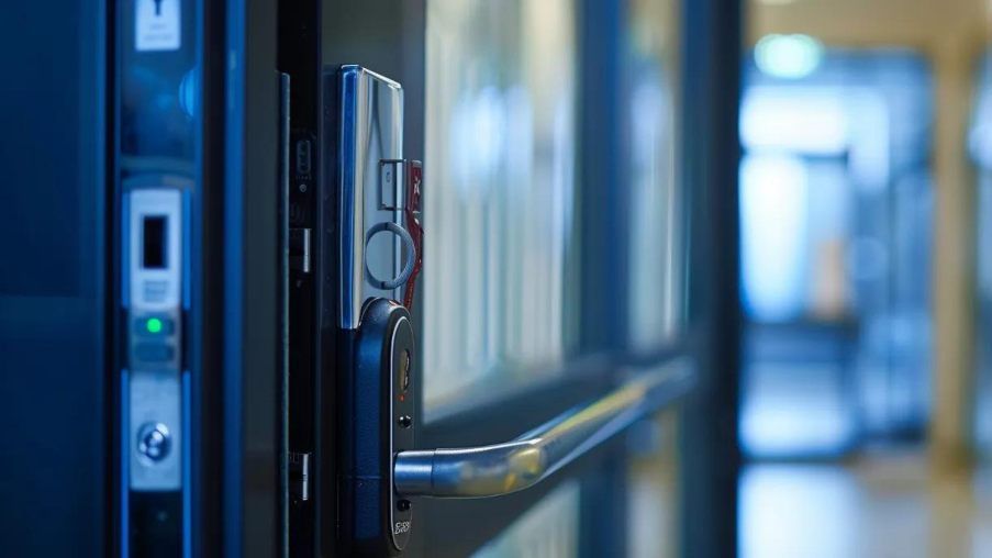 Close-up of a blue office door with a keypad lock and silver handle in a hallway