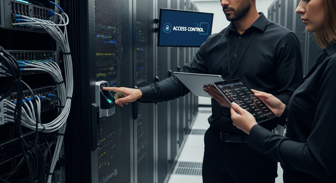 Technicians in a server room checking equipment with a tablet and a handheld device