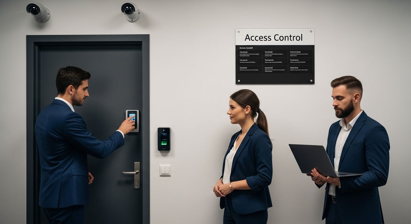 Office security checkpoint with three people using a keypad and tablet beside a locked door.