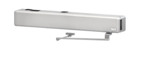 Silver wall-mounted power-assist door operator with arm bracket