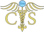 Caduceus symbol with "live" text above, and "CS" initials on either side.