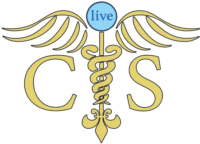 Caduceus symbol with "live" text above, and "CS" initials on either side.