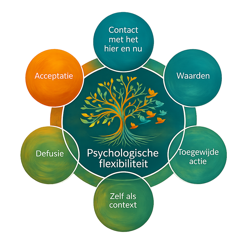 Diagram van psychologische flexibiliteit met zes gekleurde cirkels rond een centraal boomicoon.
