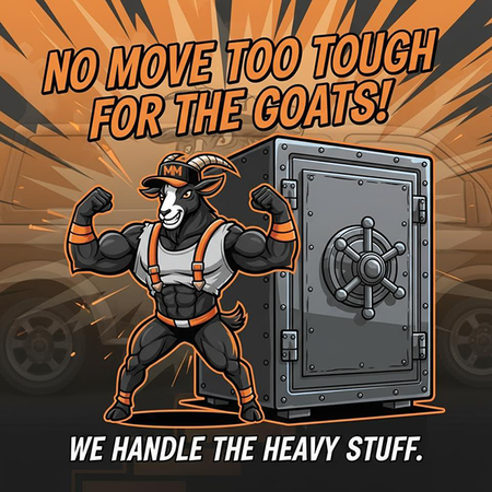 Strong goat mascot flexing, standing beside a large safe. Text: