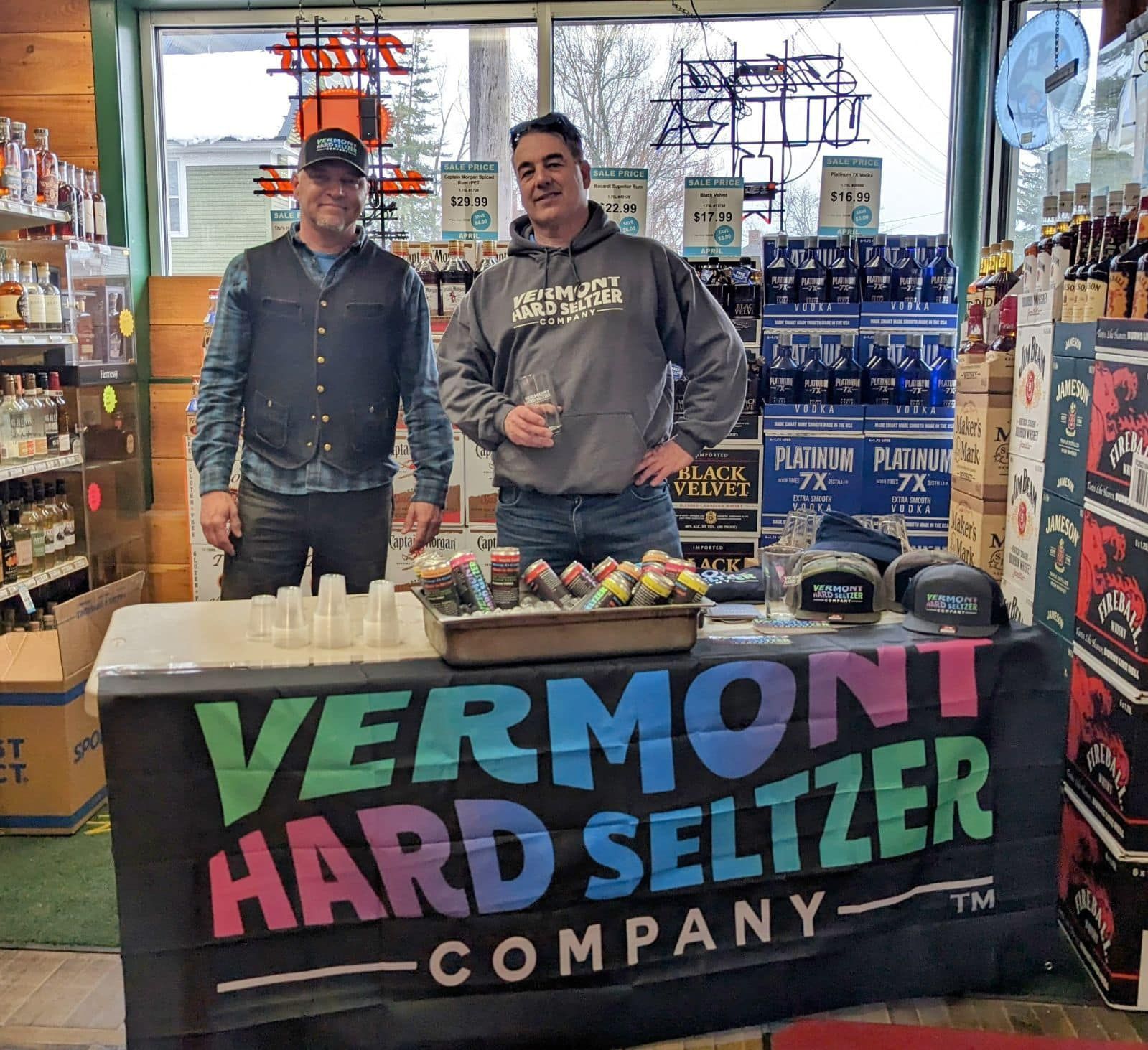 Bud Stevens and Matt Young attending an event promoting their Vermont Hard Seltzers