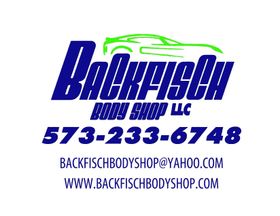 Logo for Backfisch Body Shop LLC with phone number 573-233-6748, email address, and website URL.