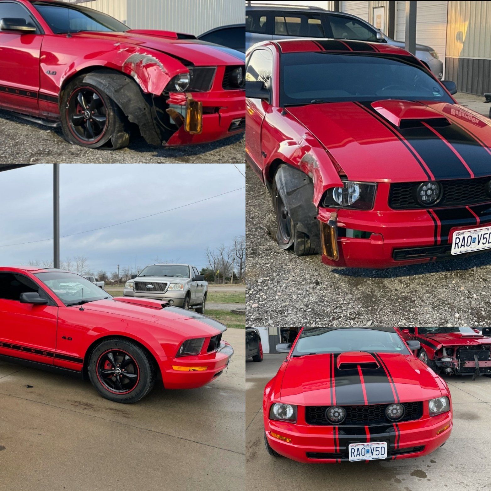 A red Ford Mustang with black stripes, shown in various states of repair, including front-end damage.