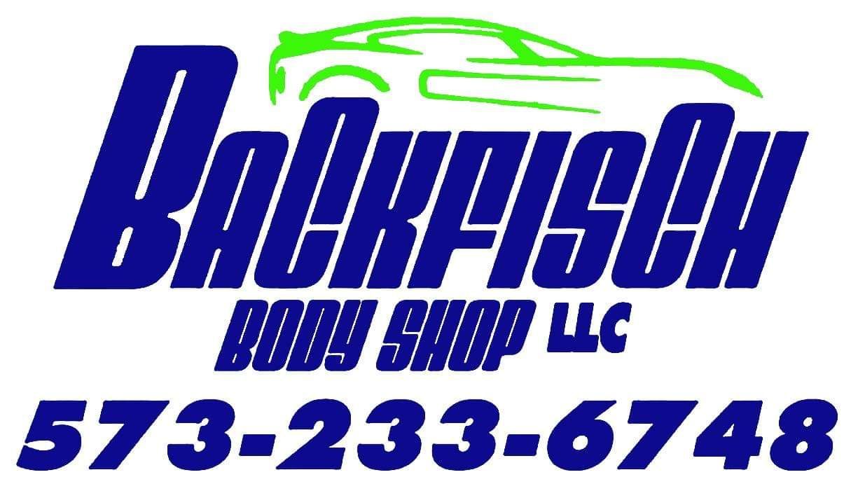 Logo for Backfisch Body Shop LLC in blue text, featuring a green car outline, with the phone number 573-233-6748 below.