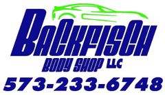 Logo for Backfisch Body Shop LLC in blue text, featuring a green car outline, with the phone number 573-233-6748 below.
