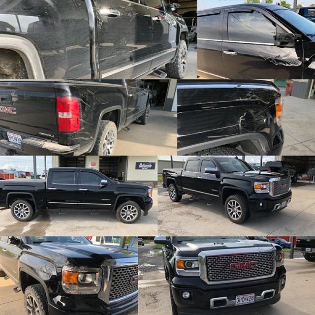 A collage of a black GMC truck showing before and after images of collision damage repair.