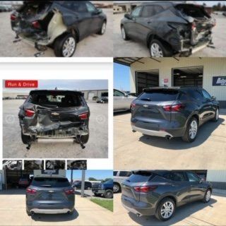 A collage showing a grey Chevrolet Blazer before and after rear-end collision repairs in a parking lot.