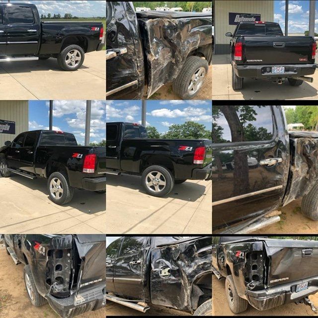 Collage showing multiple angles of a black GMC pickup truck with heavy collision damage to the passenger side rear panel.