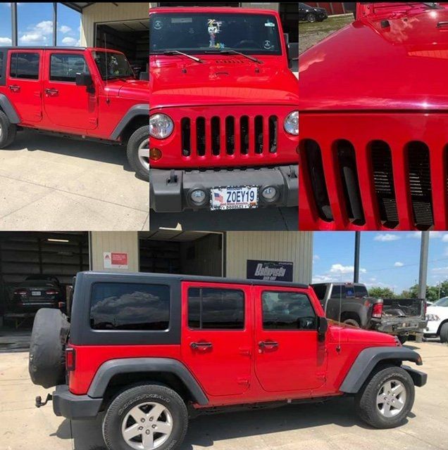 A collage featuring a bright red Jeep Wrangler Unlimited parked outside a garage, shown from multiple angles.