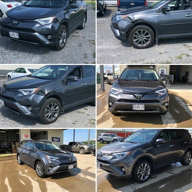 A collage of six views of a dark grey Toyota RAV4 showing body damage to the front driver's side fender.