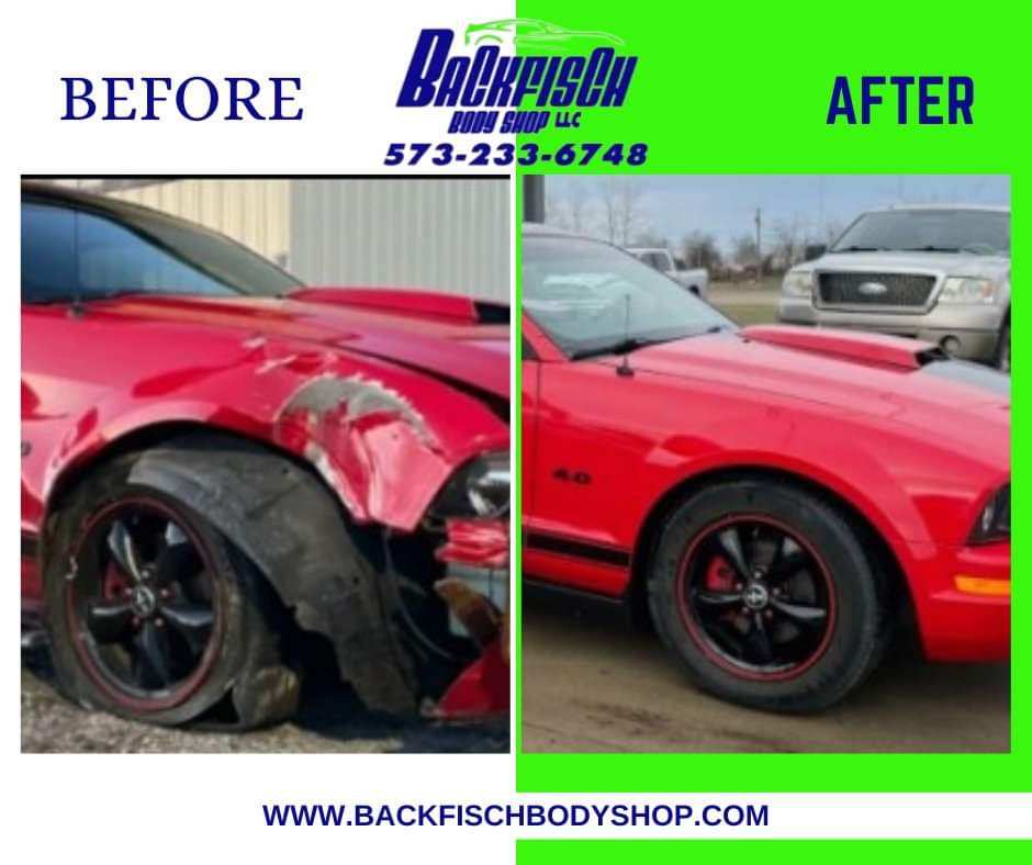 Before and after comparison of a damaged red Ford Mustang repaired by Backfisch Body Shop.