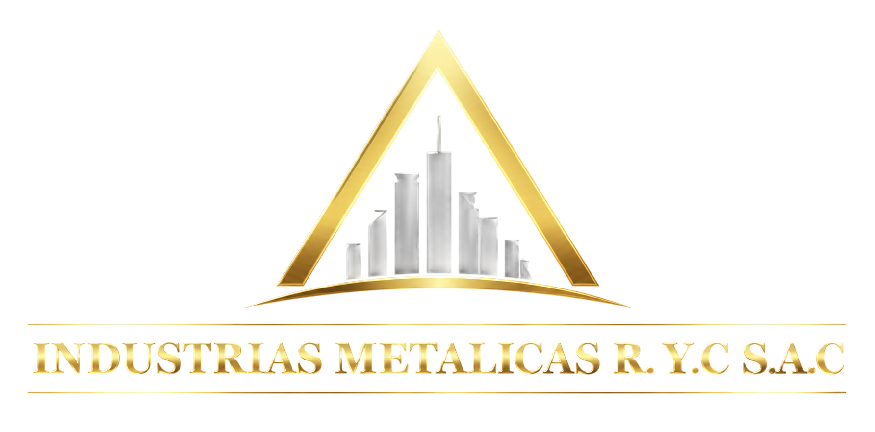 Logotipo industrial dorado con emblema triangular y texto “INDUSTRIAS METALICAS RYC SAC”