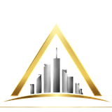 Logotipo triangular dorado con rascacielos grises y una base arqueada sobre un fondo blanco.