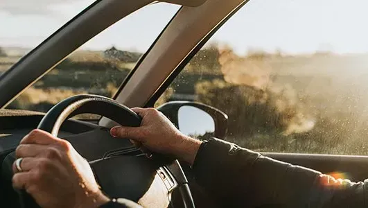 Driver’s hands on the steering wheel inside a car, driving through a sunlit rural landscape.