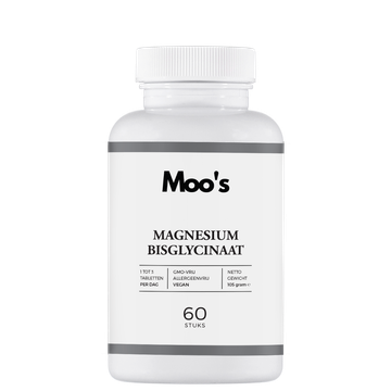 Een witte fles Moo's Magnesium Bisglycinaat voedingssupplementen met 60 capsules, afgebeeld tegen een witte achtergrond.