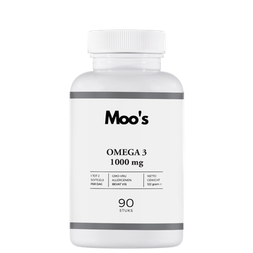 Een witte fles Moo's Omega 3 1000mg voedingssupplementen met 90 capsules op een witte achtergrond.