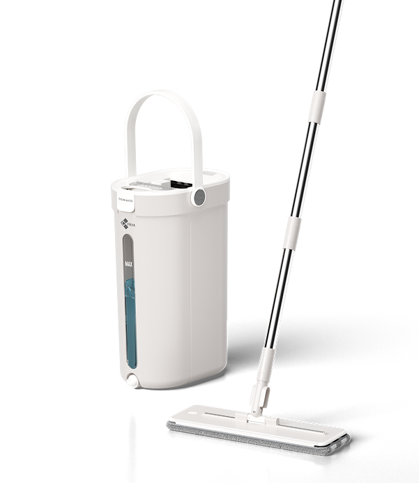 Een witte vloermop met verstelbare steel en een bijpassende verticale schoonmaakemmer op een effen witte achtergrond.