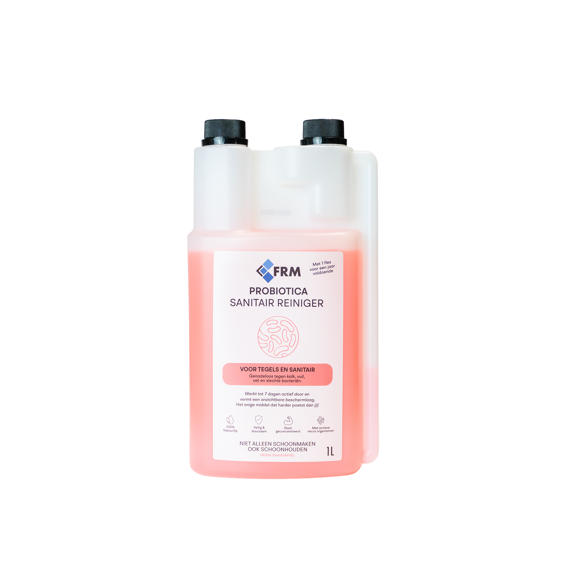 Een fles van één liter roze Probiotica sanitair reinigingsmiddel met twee zwarte doppen en een etiket op een witte achtergrond.