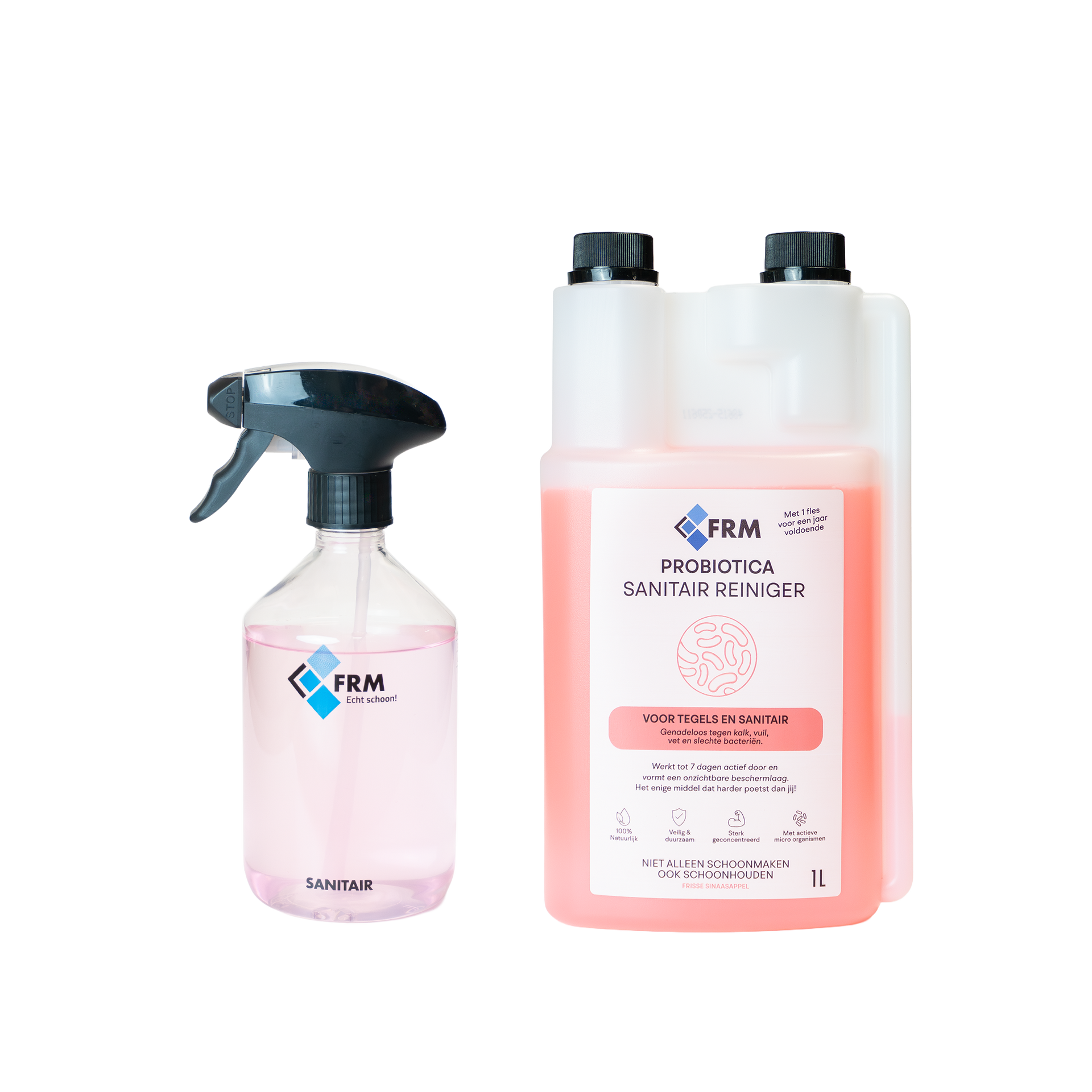 Een roze probiotische hygiënische reiniger, inclusief een navulfles van 1 liter en een sprayflacon met het PRM-logo.