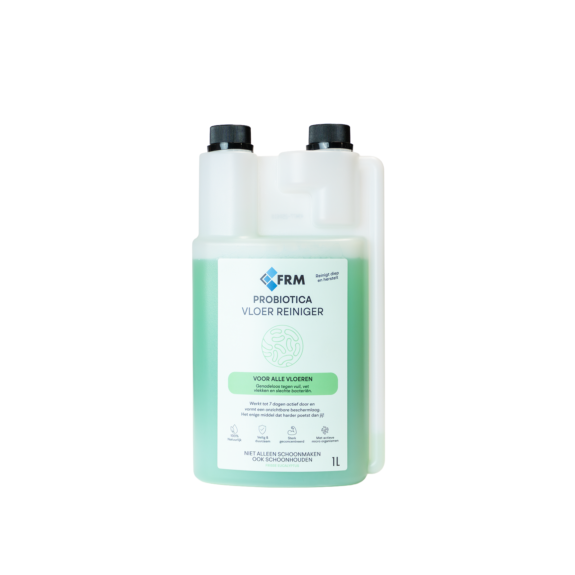Een doseerfles van 1 liter met groene vloeibare desinfectiemiddel van het merk FRM, met twee zwarte doppen op een witte achtergrond.