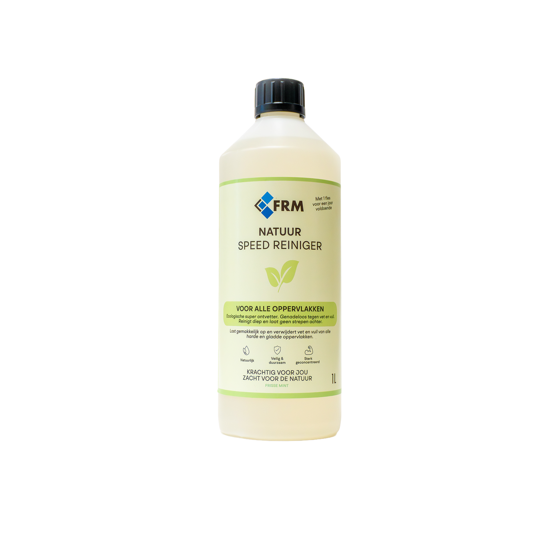 Een fles FRM Natuur Spec Reiniger reinigingsvloeistof van één liter met een zwarte dop en een lichtgekleurd etiket.