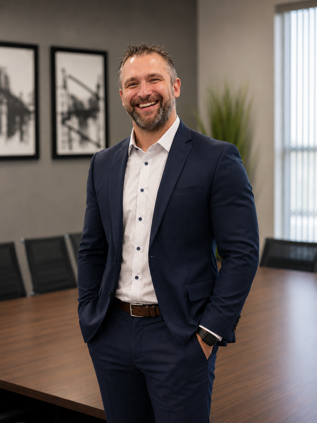 Man in a navy suit smiling in a conference room, standing beside a table with framed wall art behind him