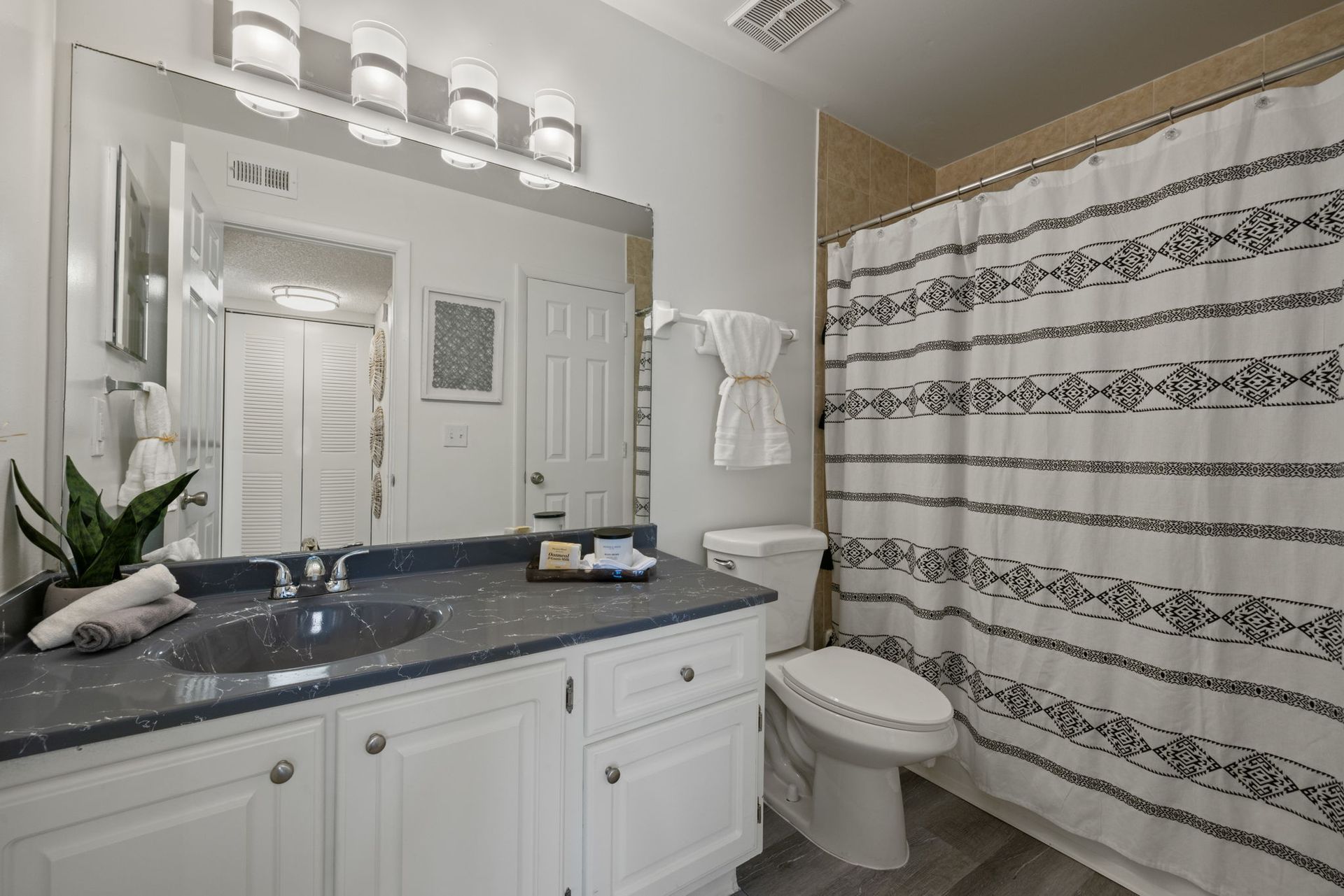 Bathroom with white vanity, large mirror, and patterned shower curtain.