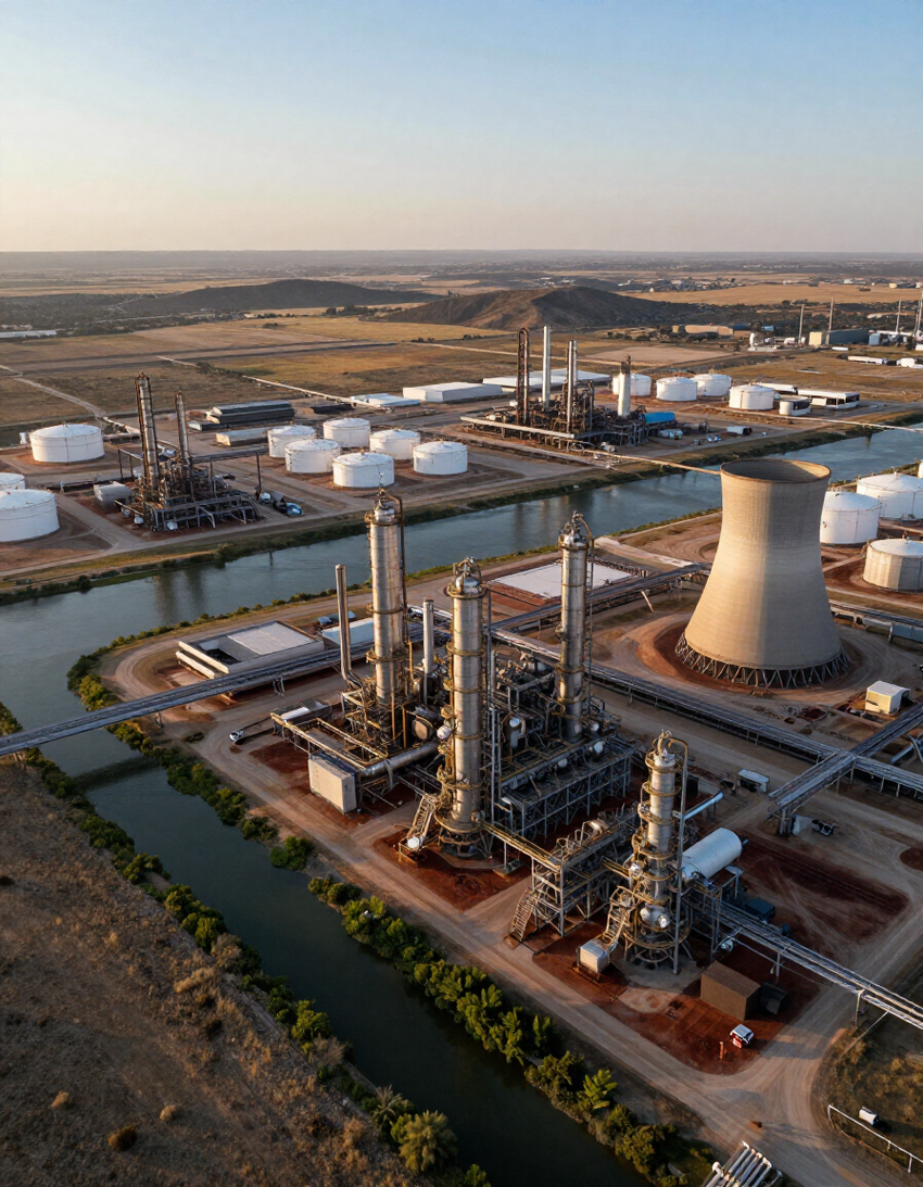 Aerial view of a large industrial power plant with smokestacks, cooling towers, and storage tanks.