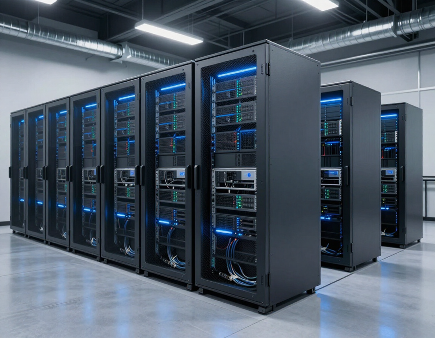 Rows of blue-lit server racks in a modern data center room