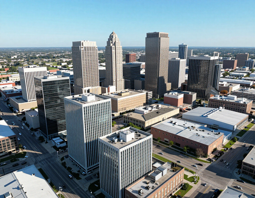 Aerial view of a city skyline with tall office buildings under a clear blue sky.