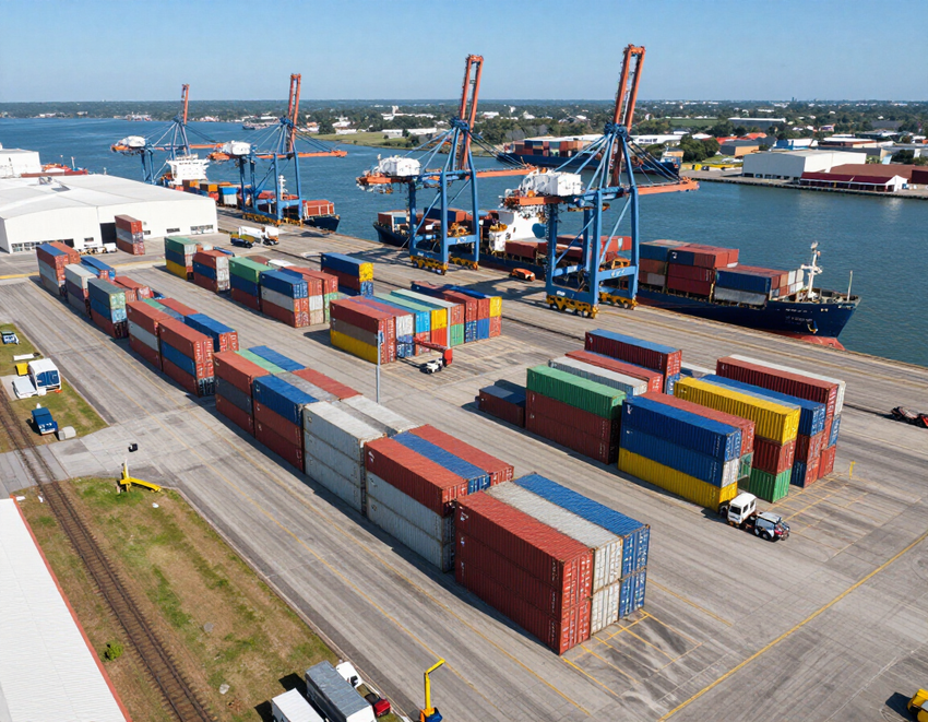 Container port with stacked shipping containers, cranes, and cargo ships along a waterfront