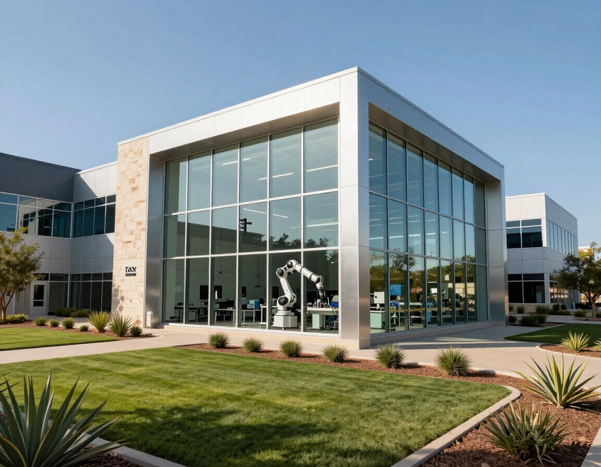 Modern office building with large glass windows, manicured lawn, and desert landscaping