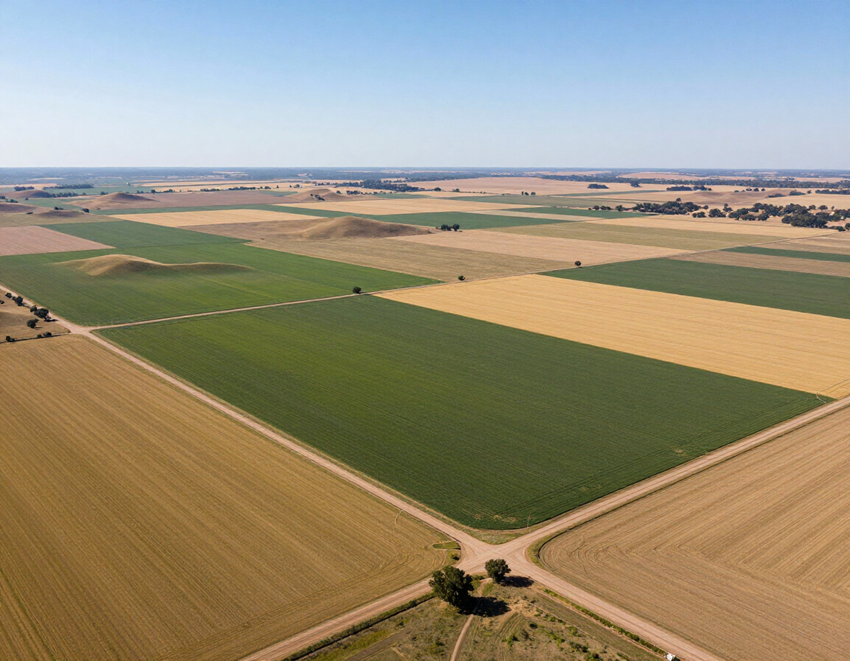 Aerial view of patchwork farmland with green and tan fields under a clear sky