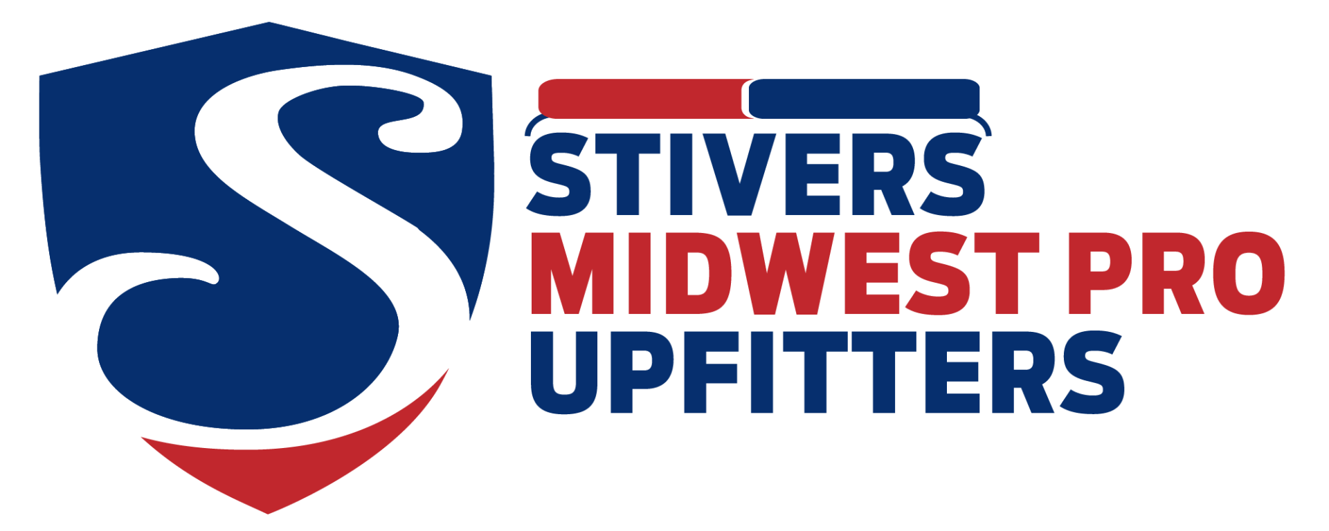 The logo for stivers midwest pro upfitters is a shield with a s on it.