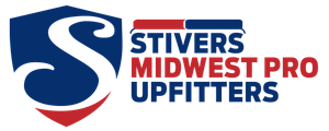 The logo for stivers midwest pro upfitters is a shield with a s on it.
