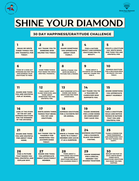 Blue “Shine Your Diamond” 30-day gratitude challenge poster with a grid of daily prompts.