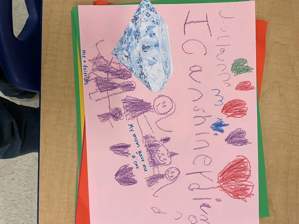 Child’s colorful drawing on pink paper with hearts, flowers, and handwritten text.