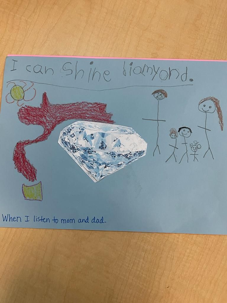 Hand-drawn poster with a red shape, blue crystal, and small sketched figures on light blue paper.