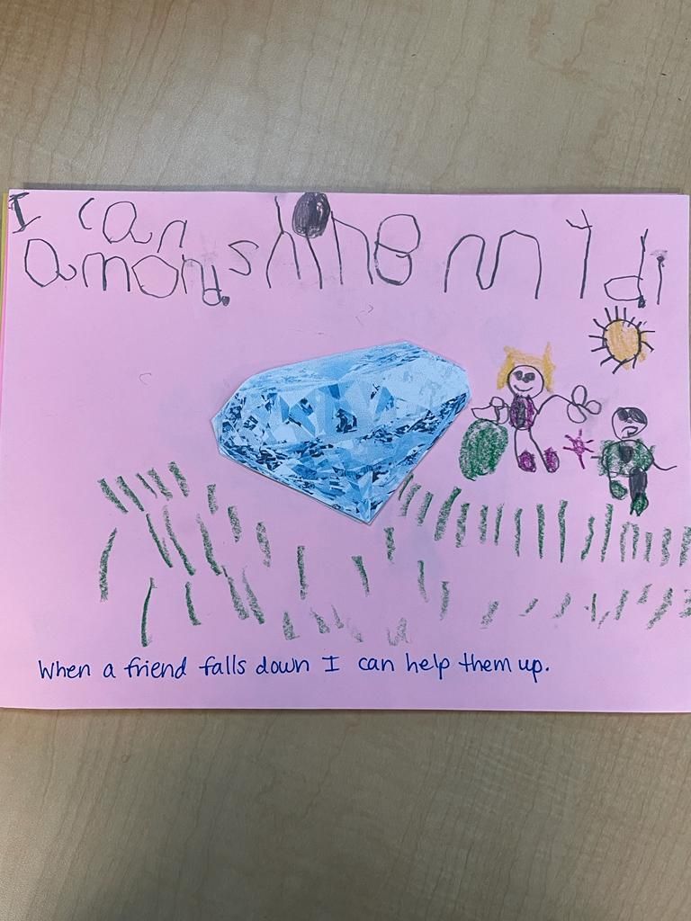 Child’s drawing on pink paper: blue heart-shaped pool, stick figures, sun, and handwritten text.