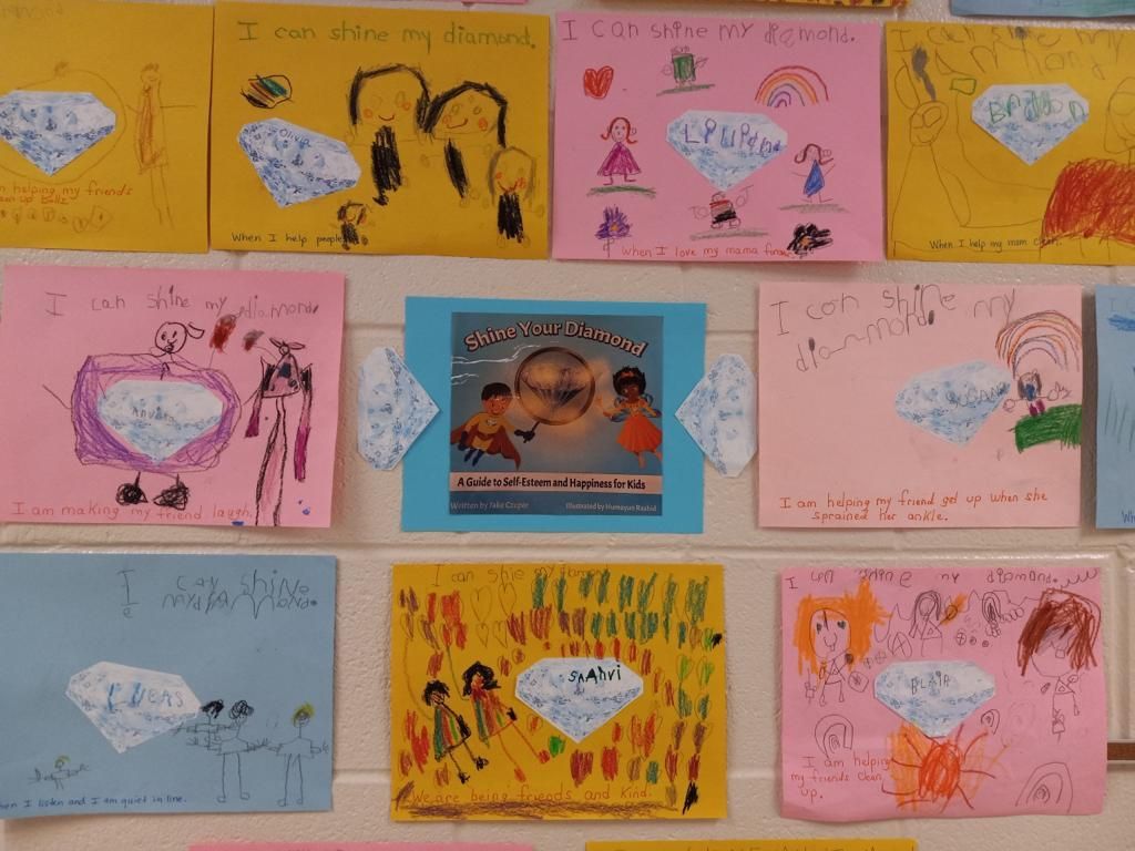Colorful hand-drawn posters arranged on a wall, with a central blue poster featuring a portrait and text.