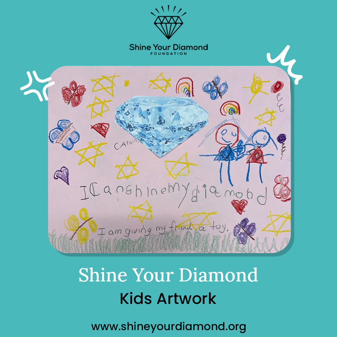 Colorful child’s artwork with a blue diamond, stars, butterflies, and stick figures on a pink page.