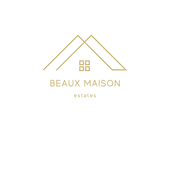 Gold minimalist Beaux Maison estates logo with house roof lines and window icon