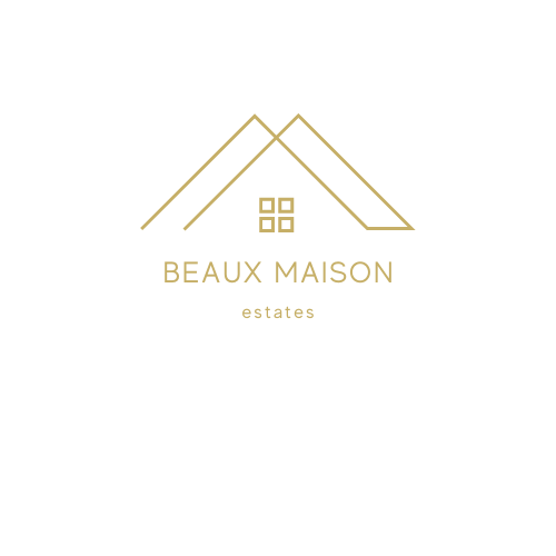 Gold minimalist Beaux Maison estates logo with house roof lines and window icon